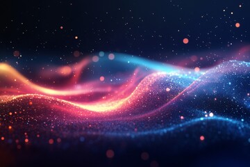 Fototapeta premium Pink and blue abstract waveforms with glowing trails in space