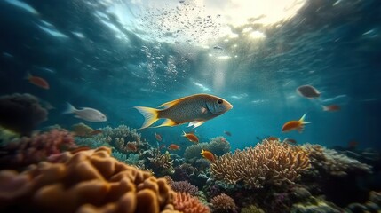 Fototapeta premium Underwater coral reef teeming with fish. Sunlight filters through water