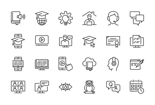 Online Education, E-learning, E-book related minimal thin line icon set - Editable stroke, Pixel perfect at 64x64