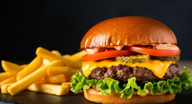 Juicy cheeseburger with fries on a rustic slate surface