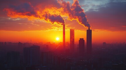 Fototapeta premium Skyscrapers and industrial chimneys pollute the atmosphere at sunset with low clouds, a dramatic scene of environmental concern.