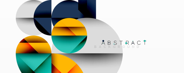 Abstract geometric design with intersecting circles, triangles, squares and sharp angles creating a layered composition with gradients, depth, and contrast