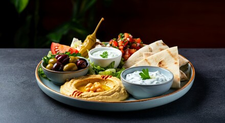 Mediterranean platter with hummus, tzatziki, olives, salad, and pita bread on a serving plate