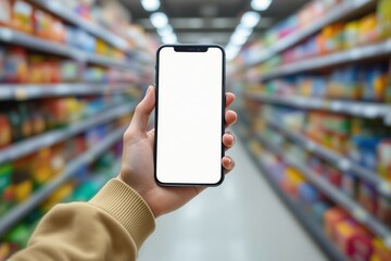 Hand holding smartphone with empty white screen in grocery store aisle with colorful blurred background, concept for shopping app or marketing design. Ai generative