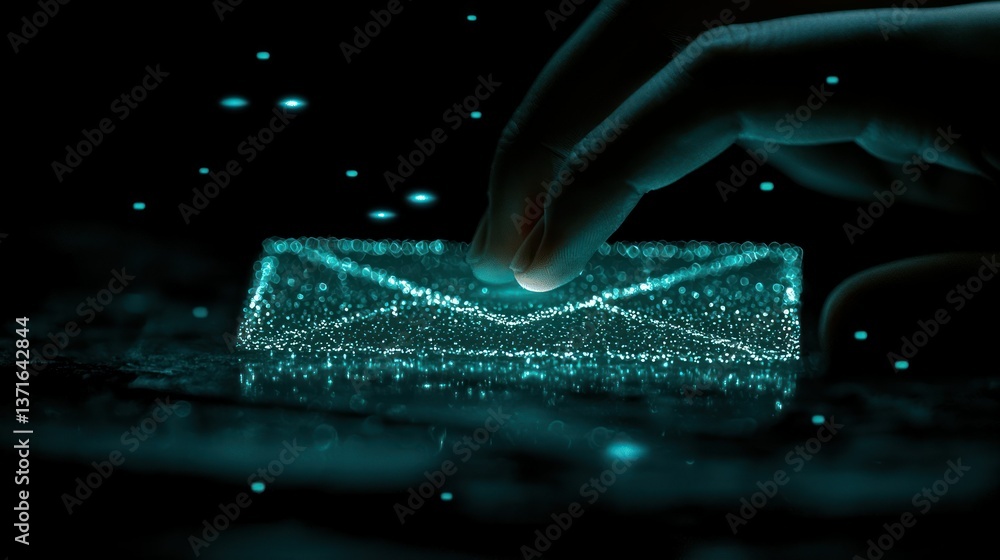 Poster digital email concept: a hand interacting with a glowing, particle-based email icon in a dark settin