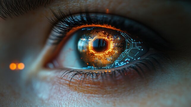 Hyper-realistic cybernetic human eye with digital data integration and futuristic facial recognition technology