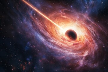 collapsing galaxy core forming a black hole engulfed by a luminous accretion disk and beams of energy shooting out