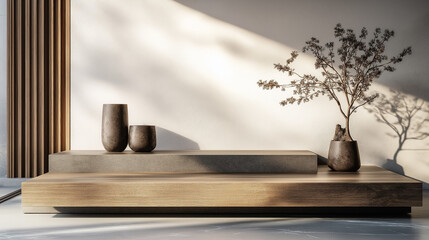 Fototapeta premium Minimalist Wooden Podium Display with Modern Vases and Dried Branches