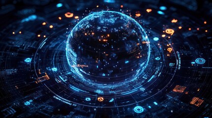 Digital Globe Futuristic Network Analysis in Cyberpunk Style