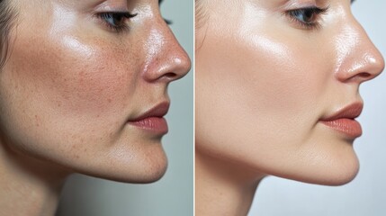 Obraz premium Before and after treatment image showing reduction of freckles and dark spots, revealing smoother, glowing skin texture.