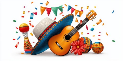 Festive musical instruments and decorations with vibrant colors and celebratory atmosphere for party.
