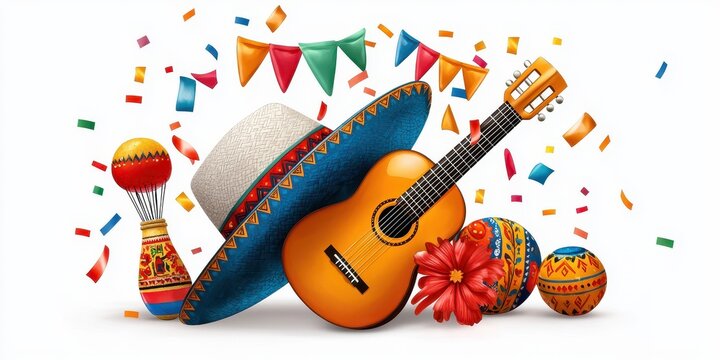 Festive musical instruments and decorations with vibrant colors and celebratory atmosphere for party.
