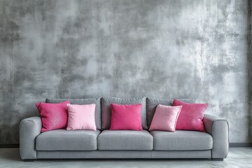 Gray sofa with pink and light pink pillows