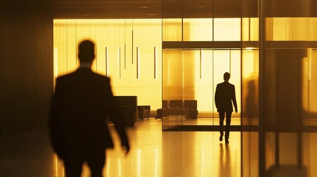 Golden Corporate Corridor Silhouettes, Professional Business Environment
