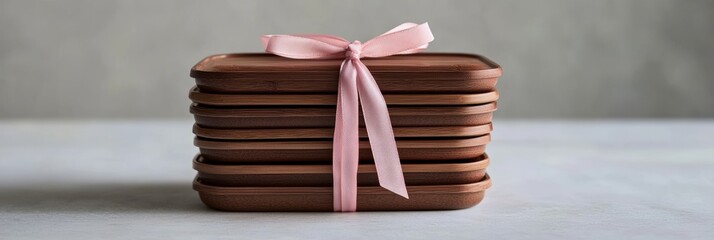 Stack of bento lunch boxes tied with a delicate pink ribbon on a serene gray background showcasing a minimalist and thoughtful gift presentation 