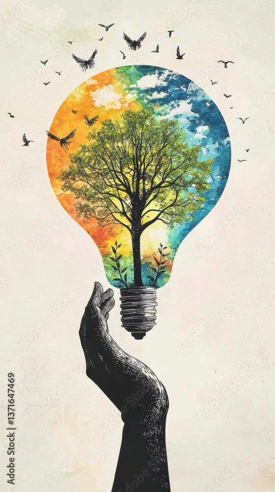 Poster hand holds light bulb filled with vibrant tree and colorful sky, symbolizing concept of net zero and