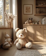 Minimalist Scandinavian Children's Room Interior Design with Wooden Cabinets Soft Toys and Natural Lighting