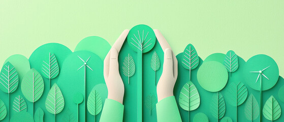 Sustainable practices promote net zero future where nature thrives and hands protect environment with vibrant green foliage