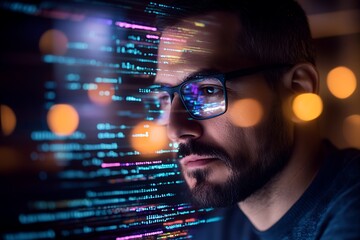 Male AI researcher analyzing code, blurred futuristic lab background, tech-driven intelligent portrait --ar 3:2