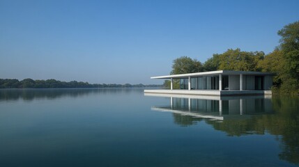 Concrete villa reflecting clear sky on a serene lake minimalist design modern architecture with glass windows tranquil waterfront living and peaceful nature background 