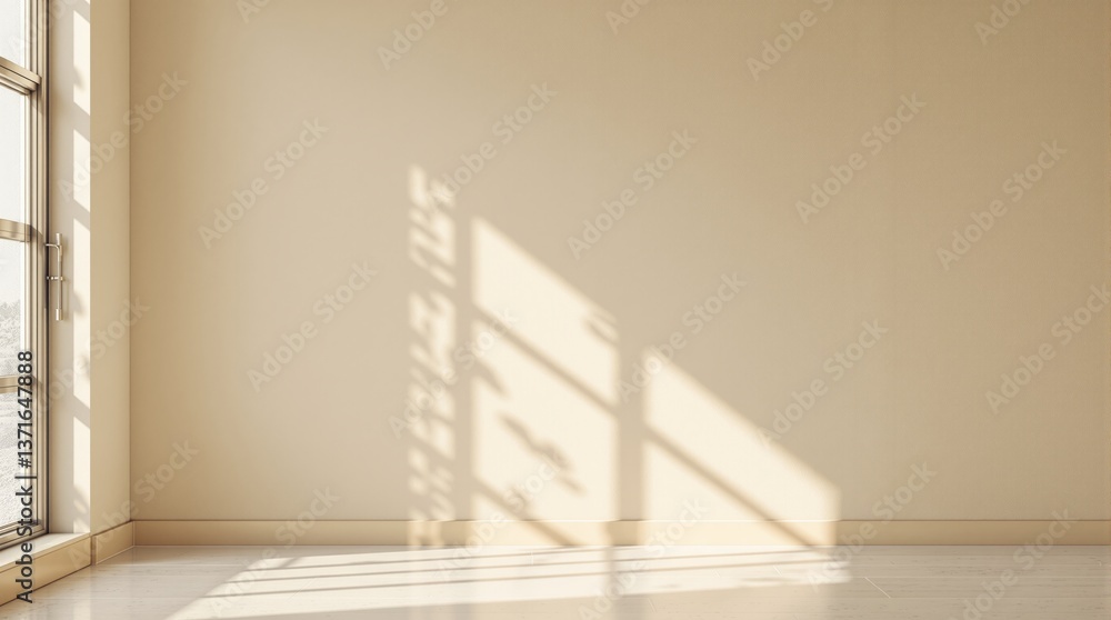 Poster sunlight through window casting soft shadows on beige wall and wooden floor, minimal empty room back