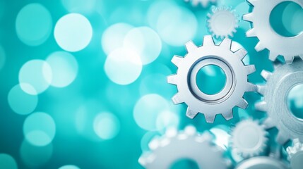 Smiling gear mechanism with blurred orbs floating on a teal background representing innovation teamwork and precision engineering in a visually appealing composition 