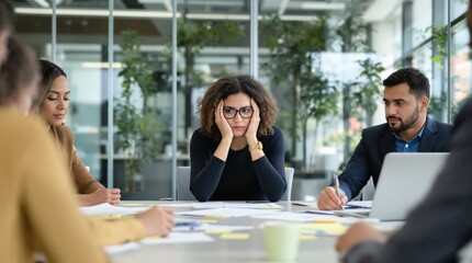 Businesswoman feeling overwhelmed during meeting with coworkers, creative office background, modern workplace concept, Ai generative