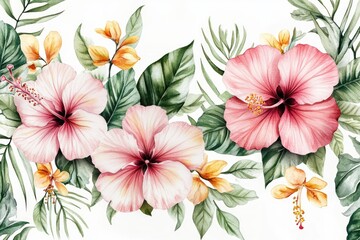 Watercolor Floral Pattern with Hibiscus and Tropical Leaves Decorative Design