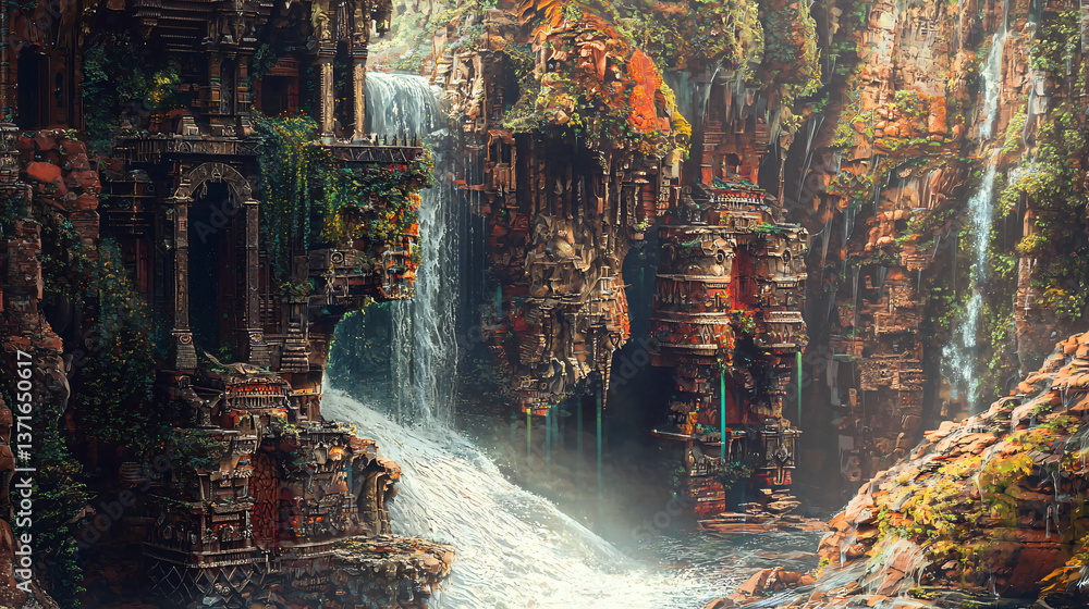 Poster enchanting waterfall cascading through a fantasy cityscape, surrounded by imposing structures and lu