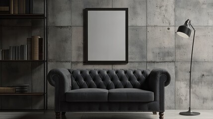 Gray tufted couch with a frame on a concrete wall
