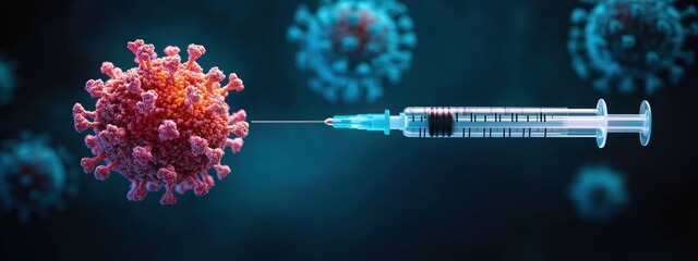 Hyper-realistic 3D Rendering of Coronavirus Particle and Syringe Concept Background for Medical Science and Health