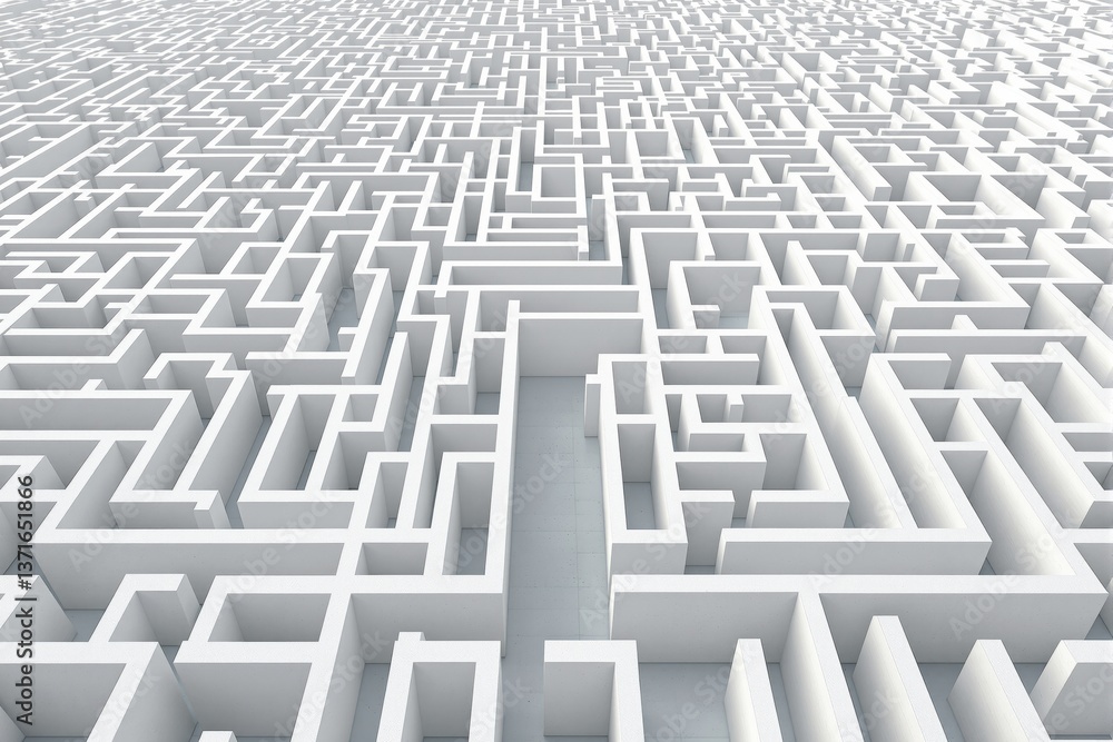 Poster endless white maze with abstract geometric shapes in a minimalistic style on a light background. con