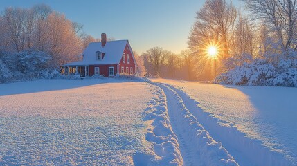Obraz premium Snowcovered field lines converge towards a bright sunrise with a charming farmhouse in the background, creating a serene winter landscape.