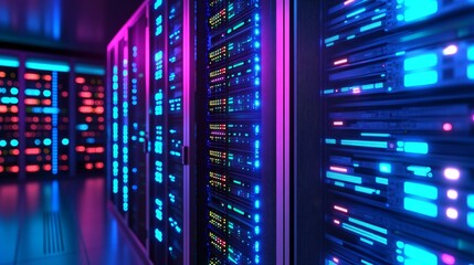 Naklejka premium Data Center: Glowing Server Racks and Network Hub 