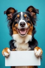 Fototapeta premium Pet street ad. Dog in studio shot. Isolated hound on a solid apparel blue background. Dog with banner. Ð¡ute dog australian shepherd hold in front paws a prototype - large white alley sign.