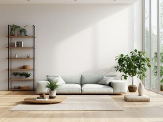 Scandinavian style cozy living room with blue sofa plants and modern table against bright white wall
