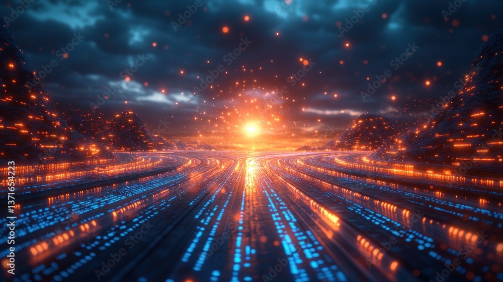 Aufkleber digital transformation in a futuristic cyber landscape with data communication and technology innova