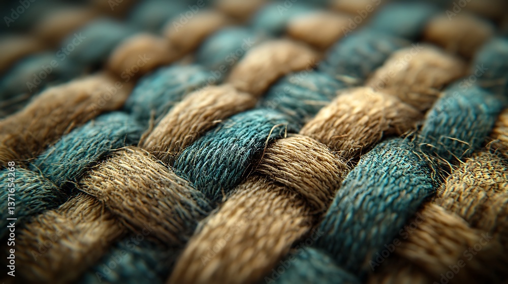 Poster detailed texture: woven strands of blue and brown, emphasizing fiber details and interlocking patter