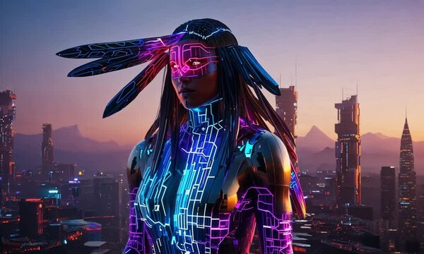 A futuristic cyberpunk warrior with AI-enhanced augmentations in a neon-lit city. Perfect for sci-fi storytelling, futuristic gaming, and cyber warfare concepts