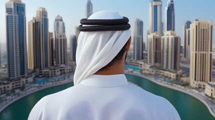 Obraz na płótnie Canvas Man in Traditional Clothing Overlooking Modern Dubai Cityscape