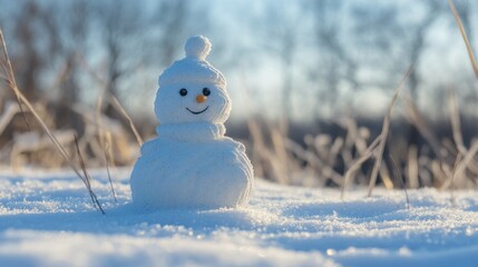 Smiling Snowman Sculpture in Snowy Field 