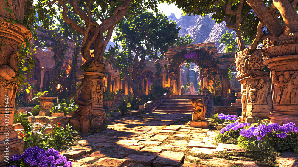 Poster stone pathway meandering through a lush forest surrounded by tall trees creating an enchanted atmosp