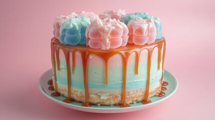 Pastel Layer Cake with Caramel Drizzle and Gummy Candy Topping 