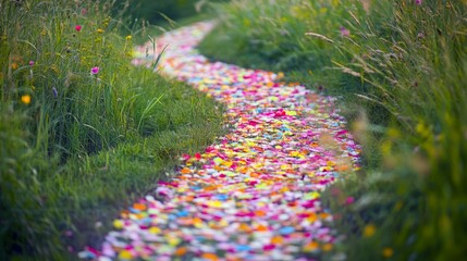 Winding Path of Petals Through Tall Grasses 