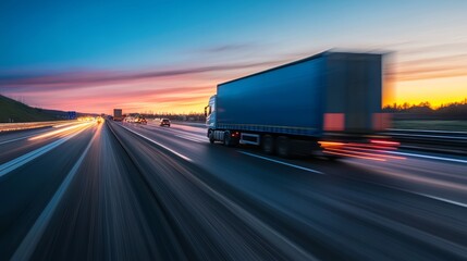Truck speeding on highway at sunset 