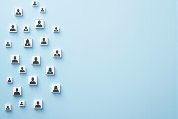 Network of square icons with human silhouettes connected by lines on light blue background, minimal style, illustrating communication and teamwork concept. Ai generative