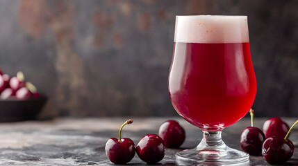 Traditional Belgian Kriek Lambic Beer with Fresh Cherries on Rustic Wooden Table