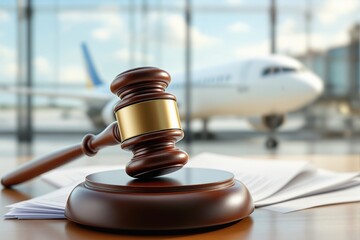 Wooden judge gavel and documents on table inside airport terminal, blurred airplane in background, concept of aviation law and travel justice. Ai generative