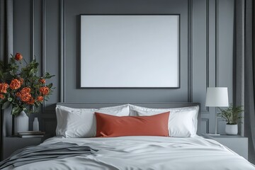 Elegantly designed bedroom features a blank framed picture above bed