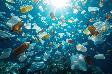 Plastic bottles and bags floating underwater in a creative environmental design on a blue ocean background with sunlight, symbolizing pollution impact. Ai generative